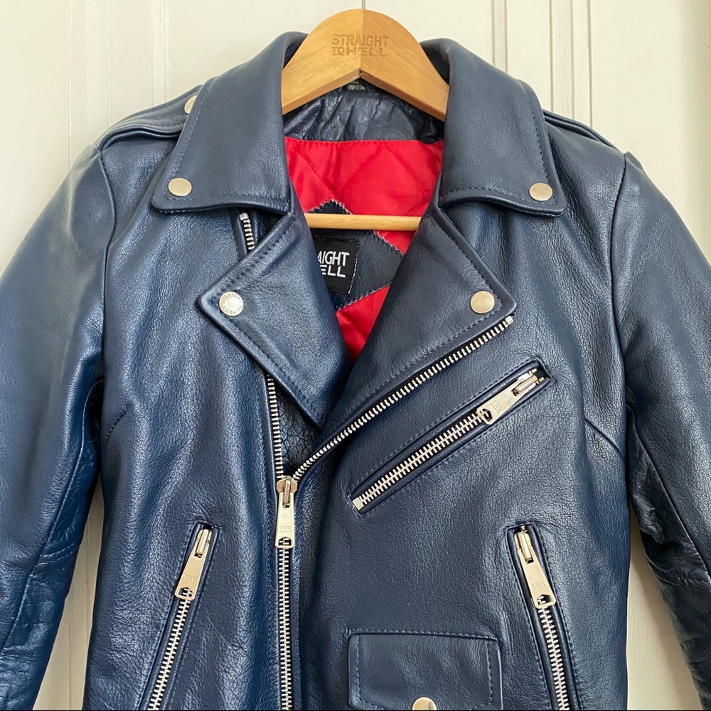Straight to Hell Leather Jacket in Midnight Blue, Size Small